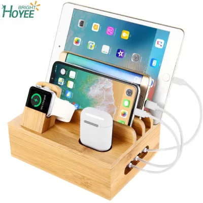 Estação de carregamento de bambu doca para 4/5 / 6 portas carregador usb desktop docking station organizador para celular relógio inteligente tablet