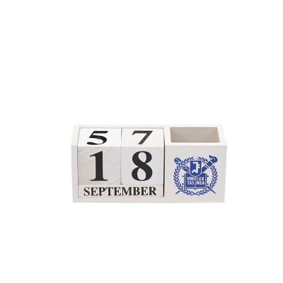 Calendário de mesa de madeira branco com porta-caneta